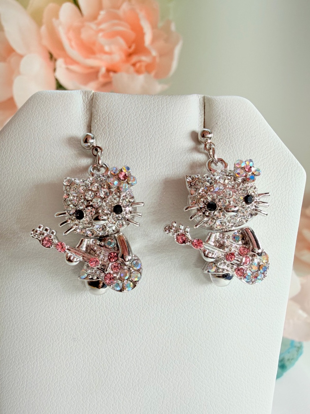 Crystal Cat Guitar Drop Earrings - Pink & Iridescent